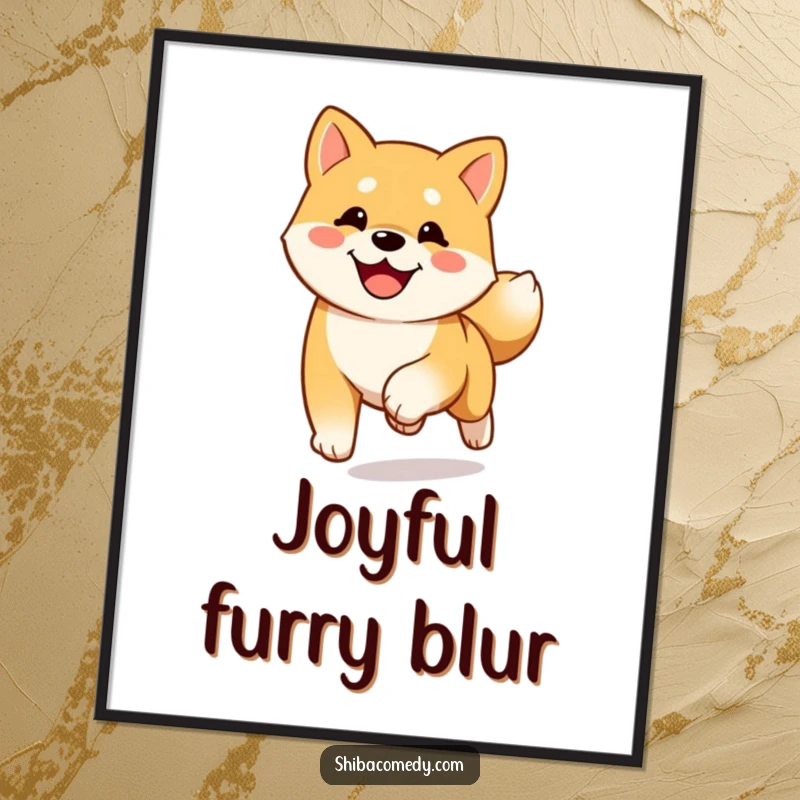 Funny happy Shiba Inu digital art print showing a dog running towards the viewer with its tail wagging, full of excitement.