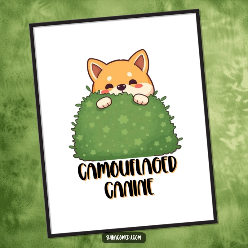 Funny mischievous Shiba Inu digital art print showing a dog peeking out from behind a bush, full of playful mystery.