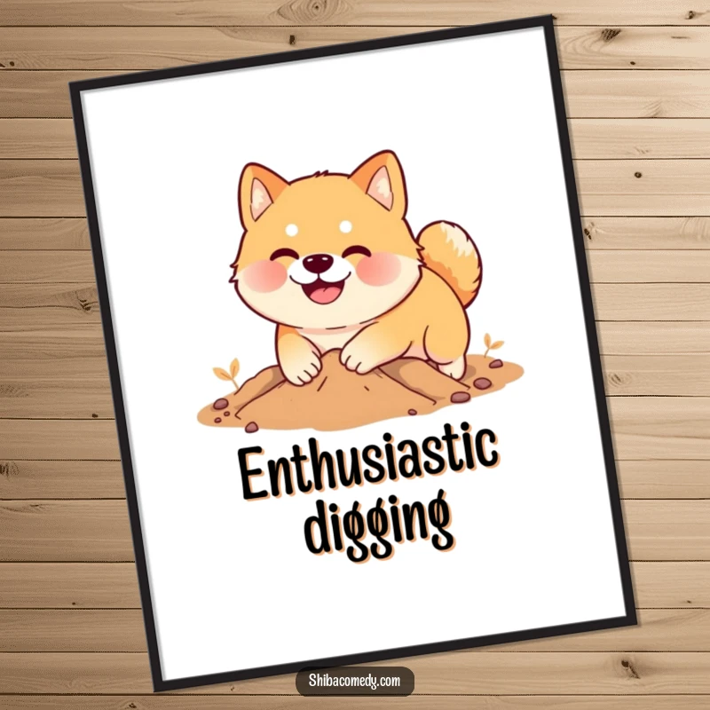 Funny Shiba Inu digital art, a smiling dog digs enthusiastically in soft earth, printable humorous wall art.