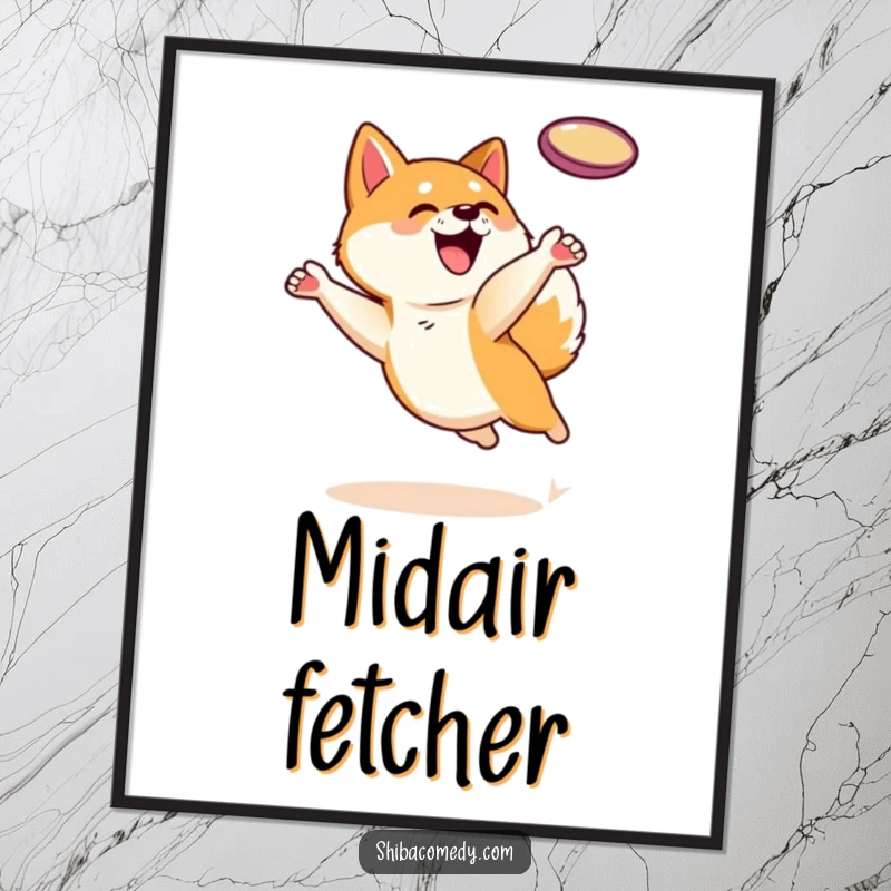 Funny Shiba Inu dog character leaping to catch a frisbee, available as a digital art print for instant energetic decor.