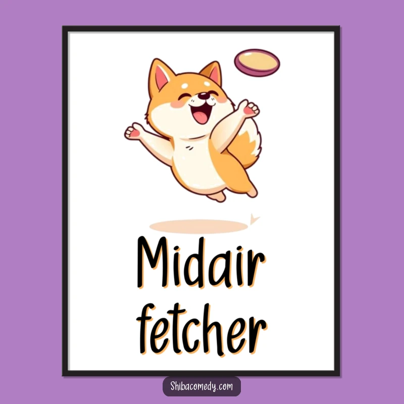Funny Shiba Inu Digital Art: Frisbee Leap Action, Instant Download Decor