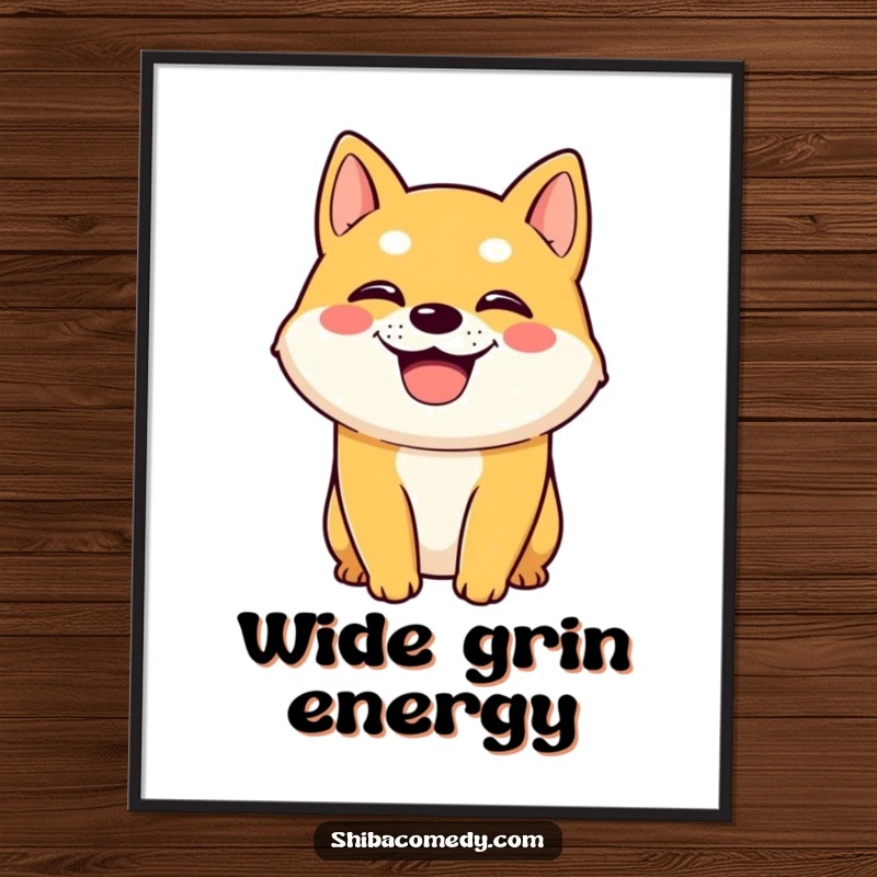 Funny Shiba Inu dog character with a wide grin and panting, available as a digital art print for instant joyful decor.
