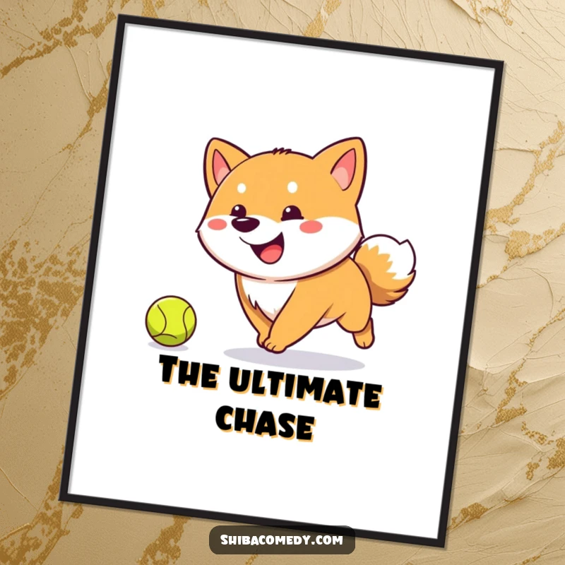 Funny Shiba Inu digital art print of a happy dog with an excited wagging tail, in full pursuit of a tennis ball.