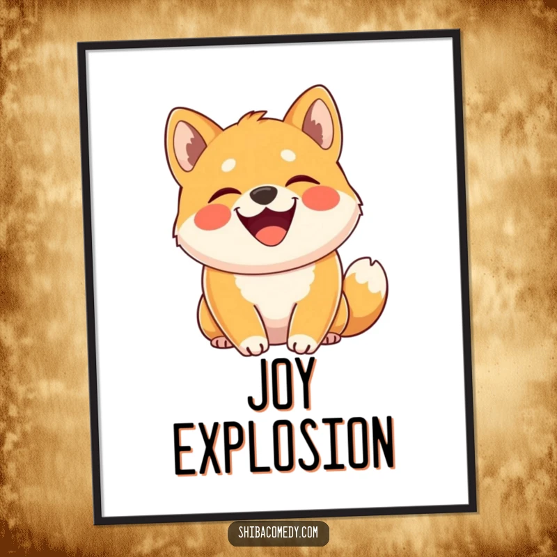 Funny Shiba Inu digital art print of a dog grinning with tail curled high, offering instant, joyful, and hilarious wall décor.