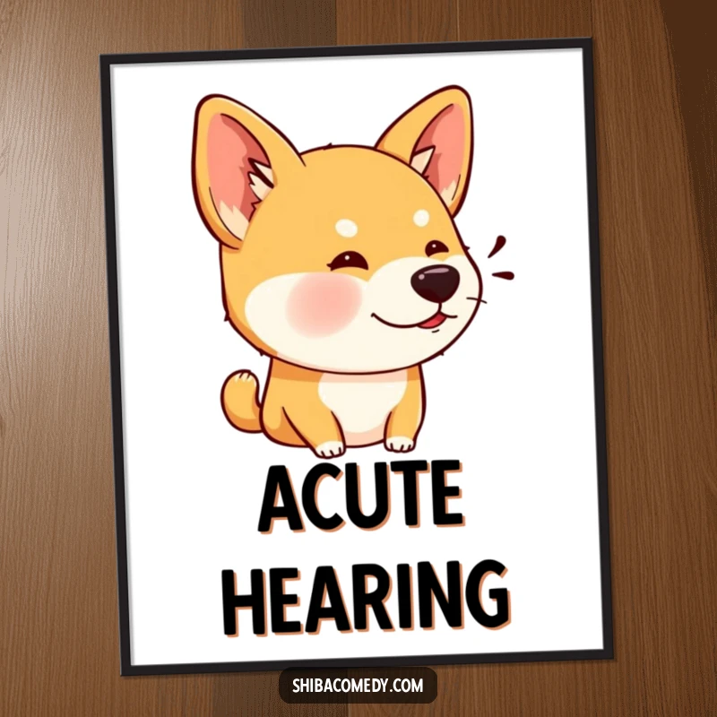 Funny digital art print of a Shiba Inu dog with wide, perked ears, listening intently to sounds.