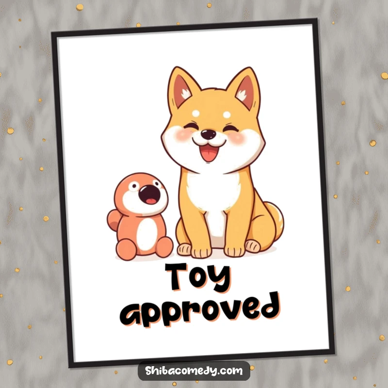 Funny digital art print of a proud Shiba Inu dog with a goofy smile, sitting with its toy.