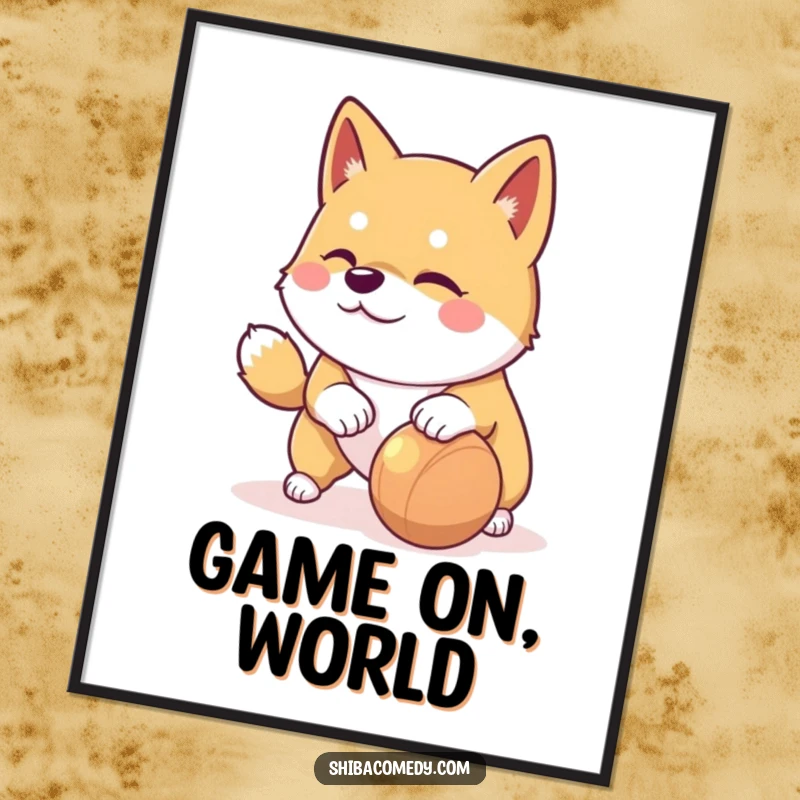 Funny Shiba Inu digital art print showing a playful dog with a mischievous glint, ready to nudge a toy.