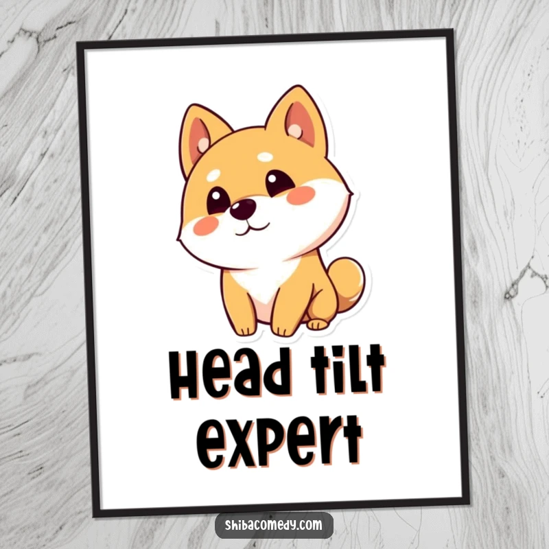Funny Shiba Inu dog character tilting its head curiously with one ear up, available as a digital art print for instant thoughtful decor.