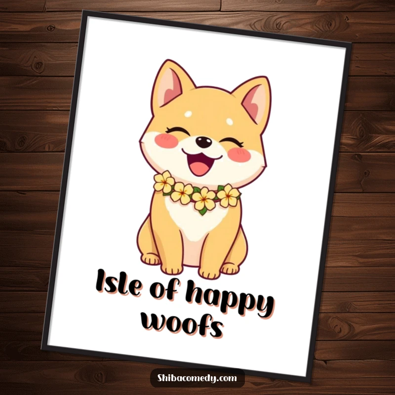 Funny Shiba Inu digital art print of a happy dog wearing a colorful flower lei, perfect for instant tropical wall decor.