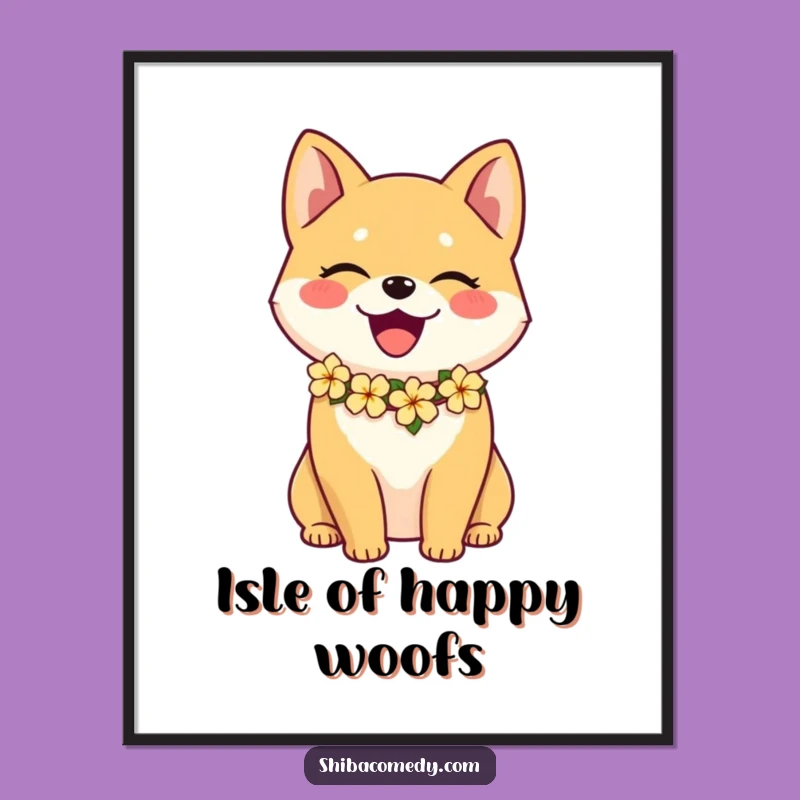 Funny Joyful Shiba Inu Flower Lei Digital Art: Instant Aloha Decor Gift