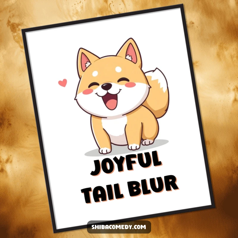 Funny Shiba Inu dog character with a fluffy tail wagging joyfully, available as a digital art print for instant happy decor.