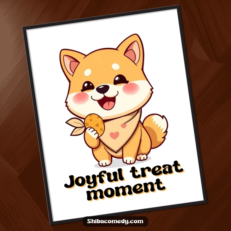 Funny Shiba Inu digital art, a happy dog wearing a bandana holds a treat, printable humorous wall art.
