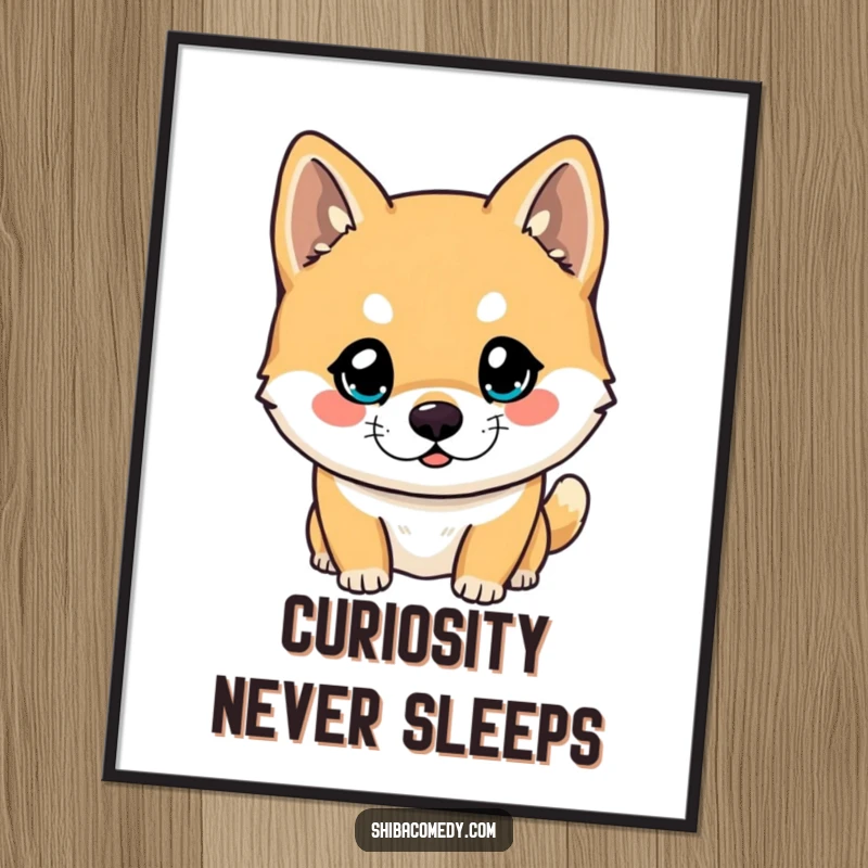 Funny Shiba Inu digital art print featuring a dog's bright, curious eyes looking forward, perfect for adding a touch of playful intrigue.