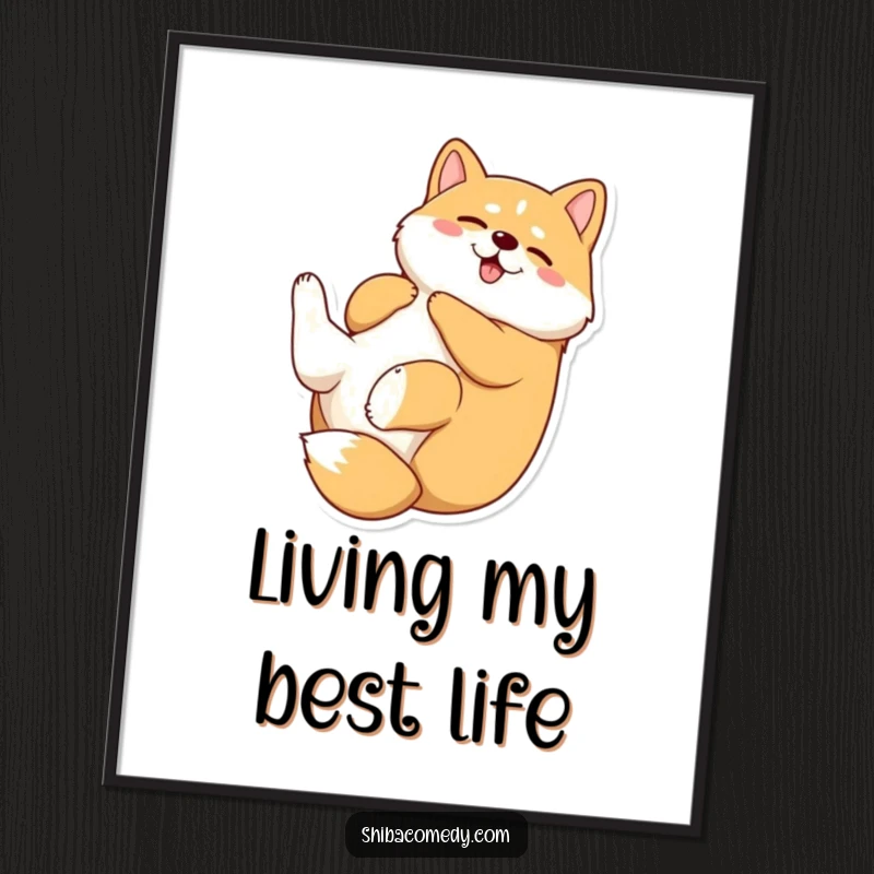 Funny Shiba Inu rolling on its back digital art print, capturing pure canine bliss and playful abandon for instant wall decor.