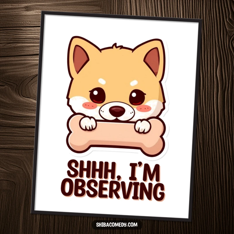 Funny Shiba Inu digital art print of a curious dog peeking from behind a bone icon, offering instant, playful wall décor.