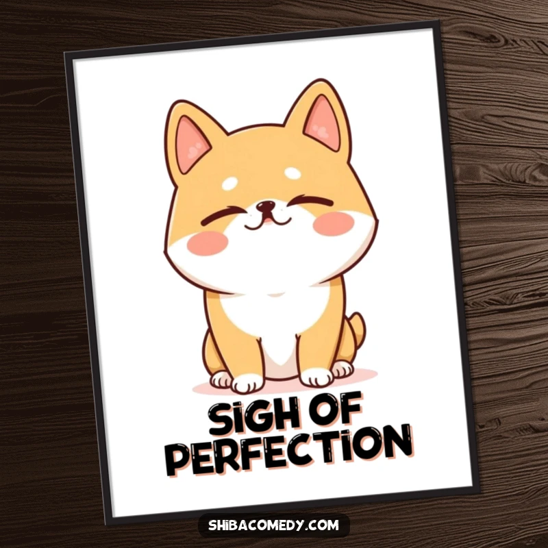 Funny Shiba Inu digital art print of a dog with eyes closed, in a hilarious, happy sigh, offering instant, calm wall décor.