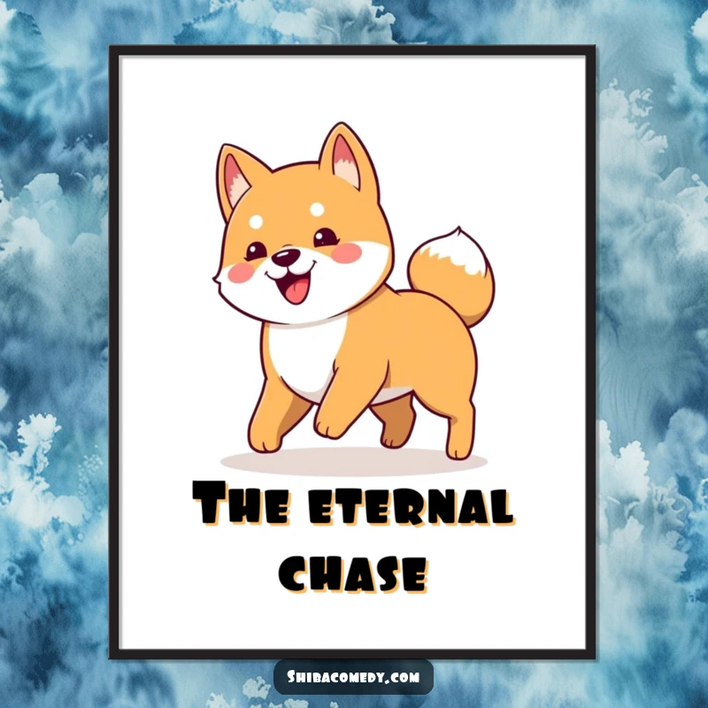 Funny digital art print of a happy Shiba Inu dog in a playful stance, comically chasing its tail.