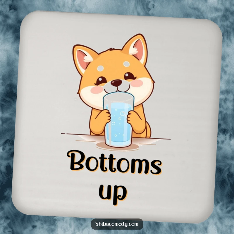 Funny Shiba Inu Coaster: A content dog drinks water with joy, protecting surfaces with a humorous and delightful touch.