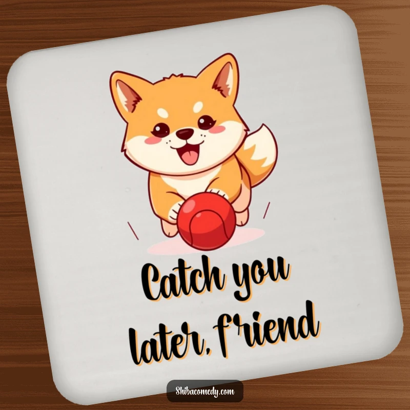 Funny Shiba Inu drink coasters featuring a determined dog chasing a red ball, offering protection with humorous focus.