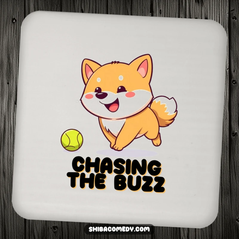 Funny Shiba Inu drink coaster featuring a happy, tail-wagging dog chasing a tennis ball, protecting surfaces humorously.