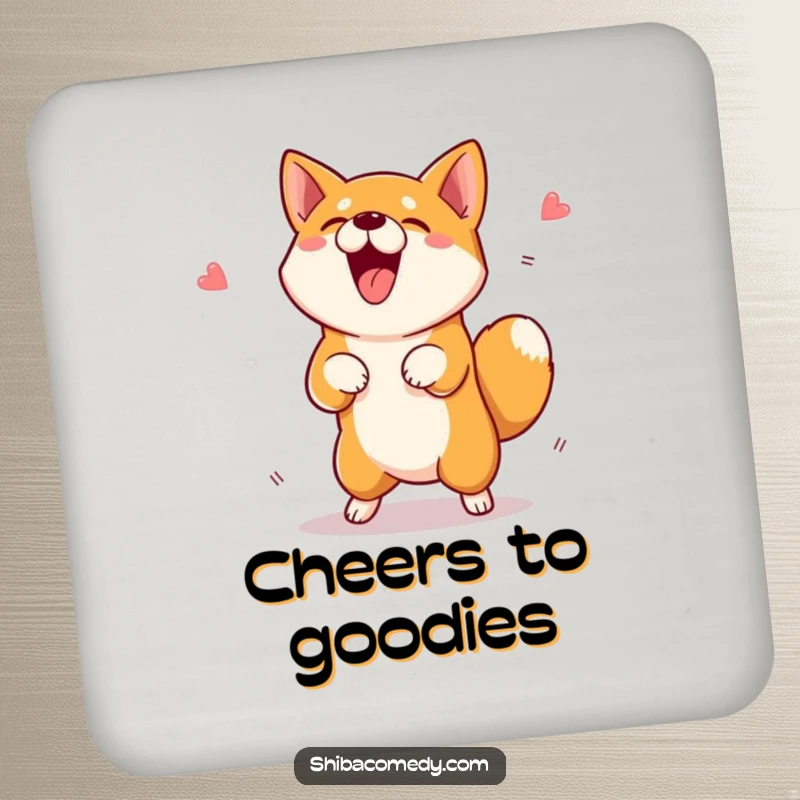 Funny Shiba Inu Coaster Set showing an excited dog jumping for a treat, protecting surfaces with humor.