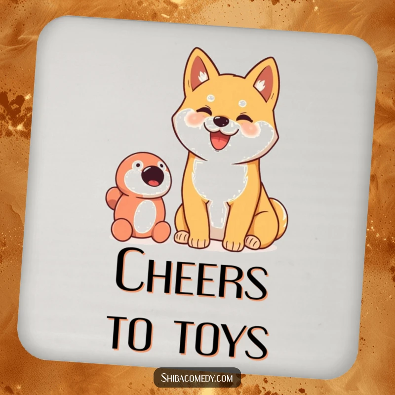 Funny drink coaster featuring a proud Shiba Inu dog with a goofy smile, next to its toy.