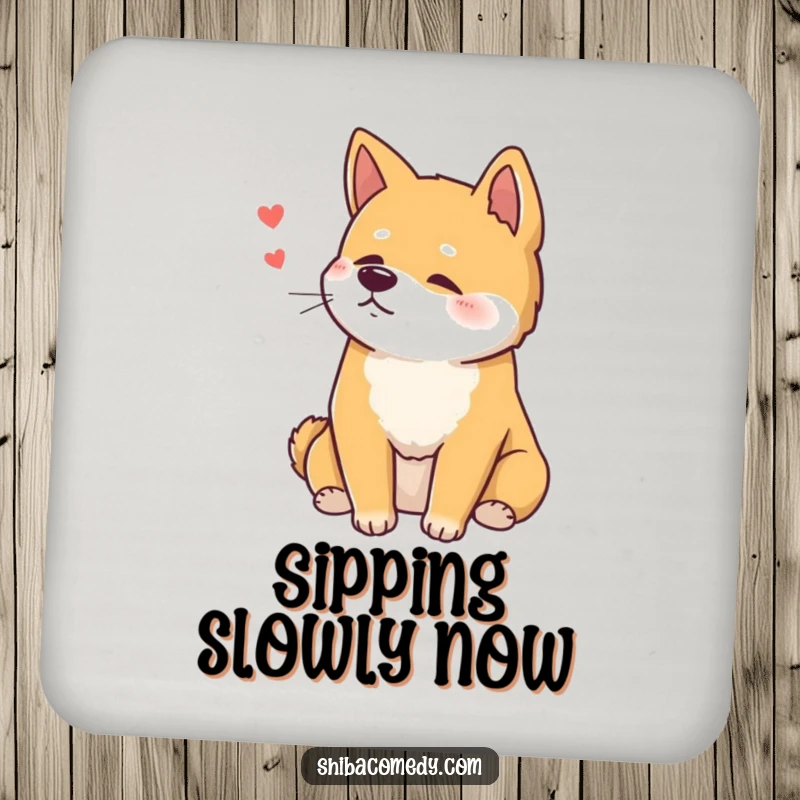 Funny Shiba Inu Coaster Set showing a relaxed dog sitting with a contented sigh, protecting surfaces with humor.