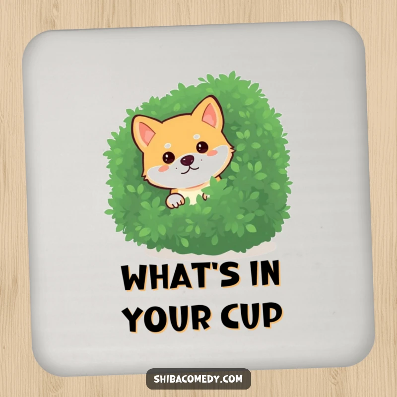 Funny Shiba Inu Coaster Set showing a curious dog peeking from a bush, protecting surfaces with humor.