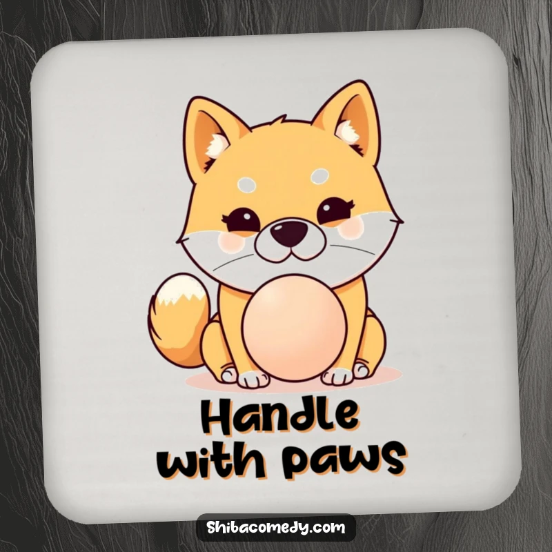 Funny Shiba Inu coaster featuring a dog with intense focus balancing a ball on its nose, a small humorous addition.