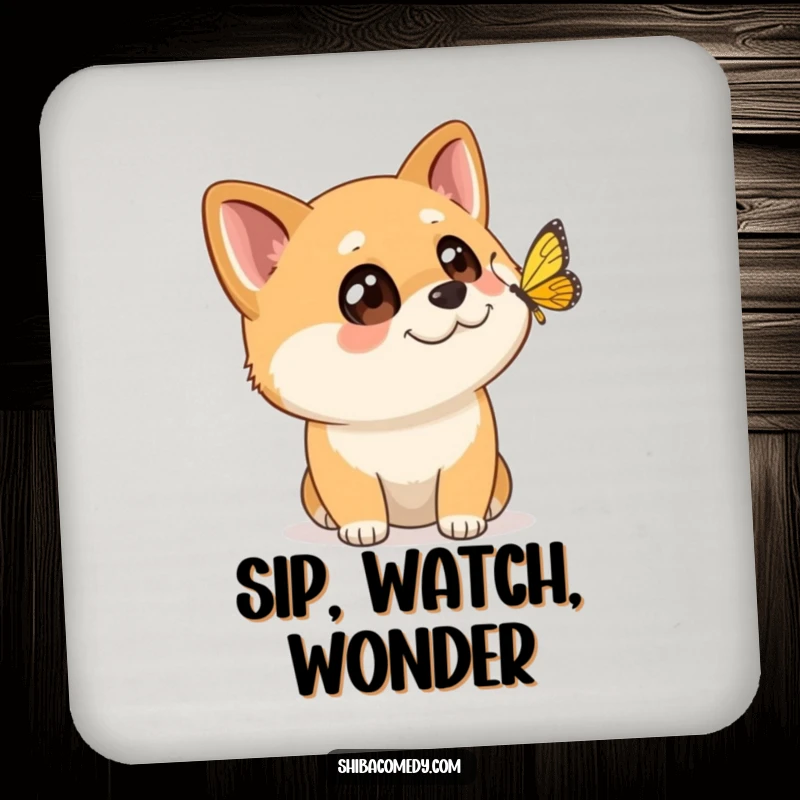 Funny Shiba Inu drink coaster with a dog having wide eyes watching a butterfly flutter past, adding charm.