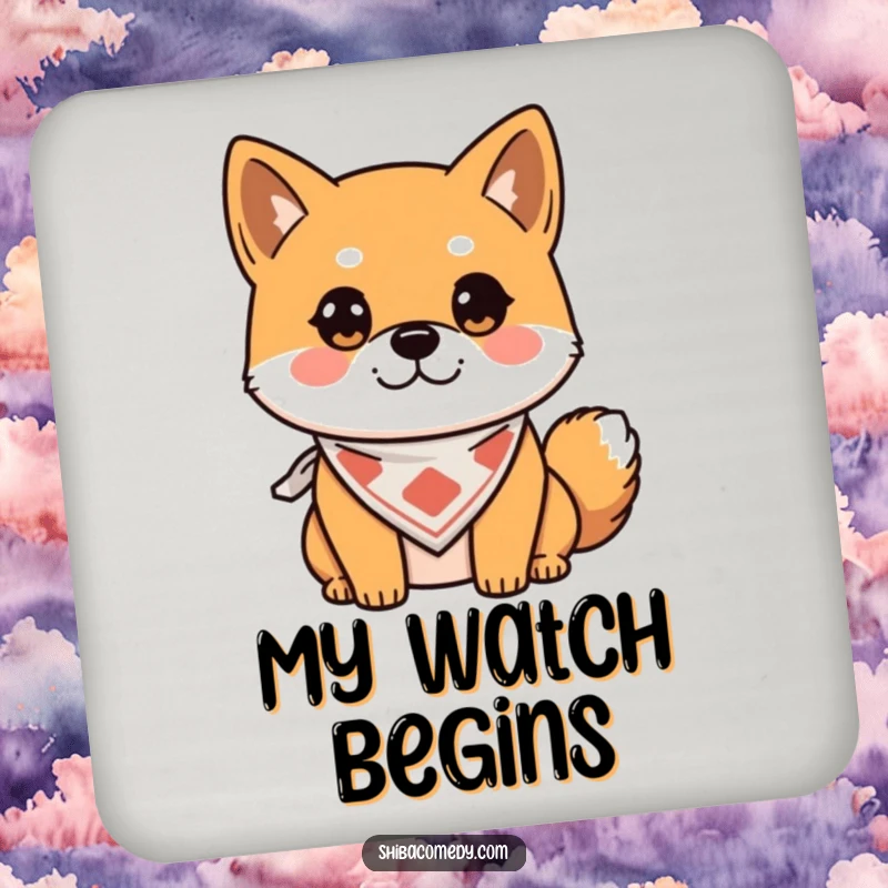 Funny Coasters featuring an alert Shiba Inu in a bandana, protecting surfaces with humor, a perfect funny gift.