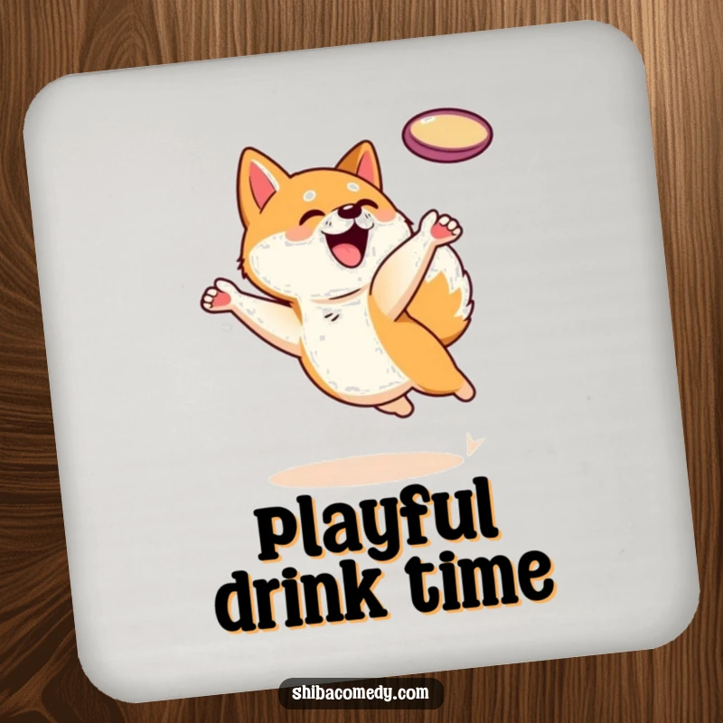 Funny Shiba Inu dog character leaping to catch a frisbee on a drink coaster, protecting surfaces with sporty charm.