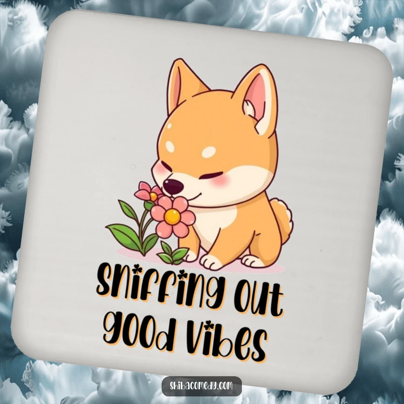 Funny Shiba Inu drink coaster featuring a curious dog with perked ears sniffing a colorful flower, protecting surfaces humorously.
