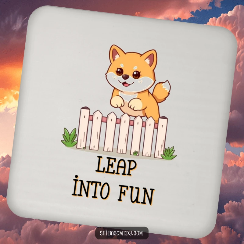 Funny drink coaster featuring a determined Shiba Inu dog leaping over a garden fence.