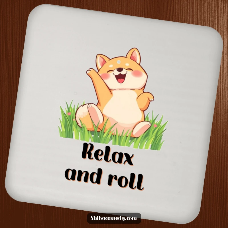 Funny Shiba Inu coaster, a happy dog rolls on its back in a grassy field, humorous drink protector.