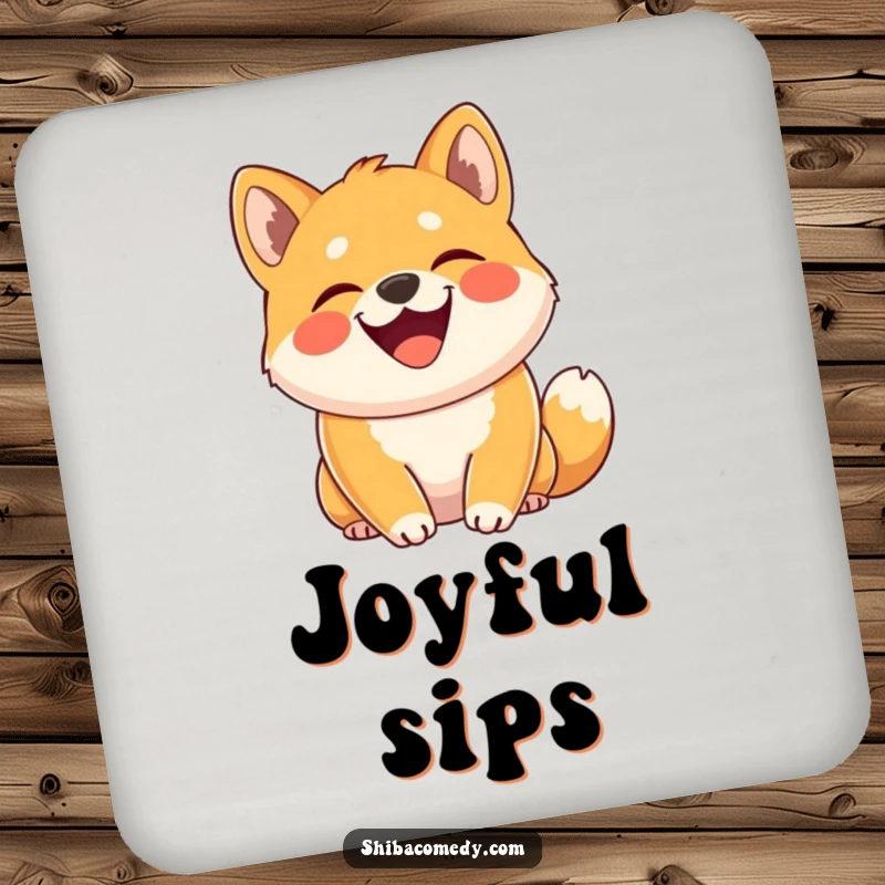 Funny Shiba Inu coaster set with a dog grinning joyfully, tail curled high, protecting surfaces with humorous canine charm.