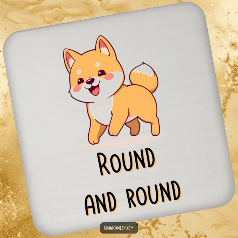 Funny drink coaster featuring a playful Shiba Inu dog in a humorous pose, chasing its own tail.