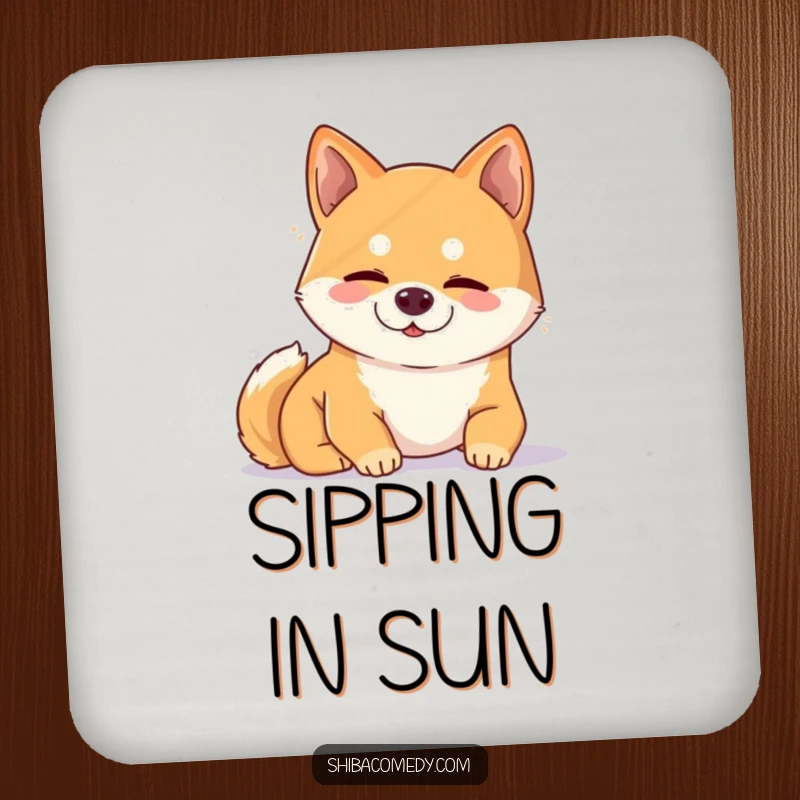 Funny Shiba Inu drink coaster with a content dog peacefully snoozing in a sunbeam, adding charm.