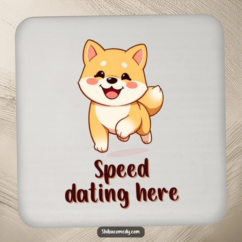 Funny happy Shiba Inu coaster showing a dog running towards the viewer with its tail wagging, full of happiness.