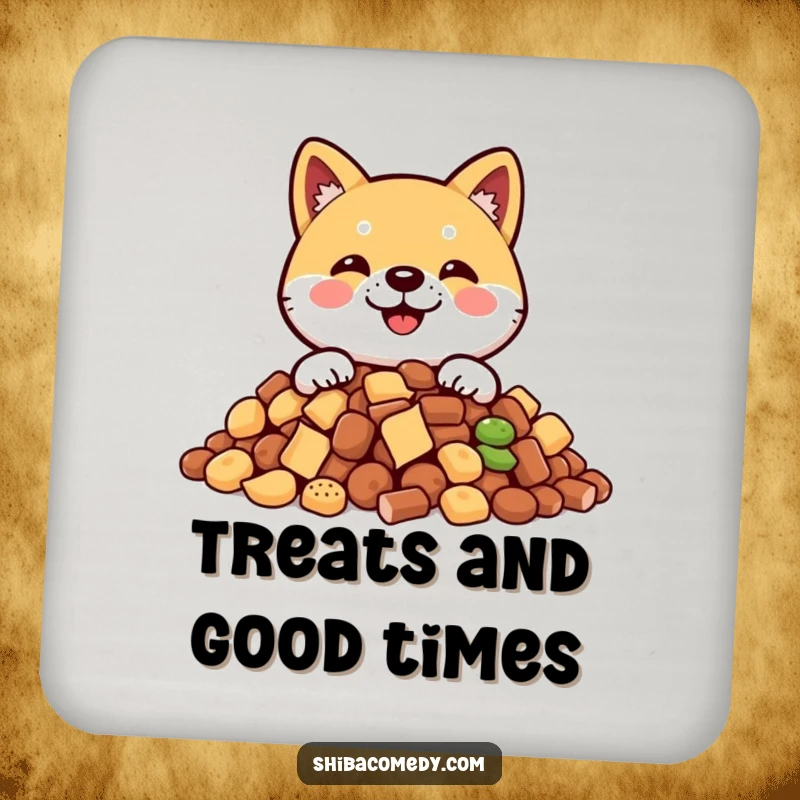 Funny Shiba Inu drink coaster featuring a smiling dog peeking from behind a pile of treats, protecting surfaces humorously.