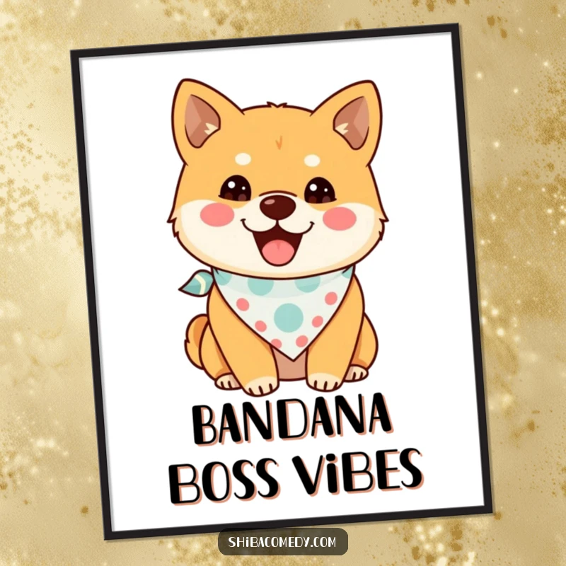 Funny Shiba Inu Poster displaying a cheerful dog in a cute tiny bandana, a delightful humorous art gift for any wall.
