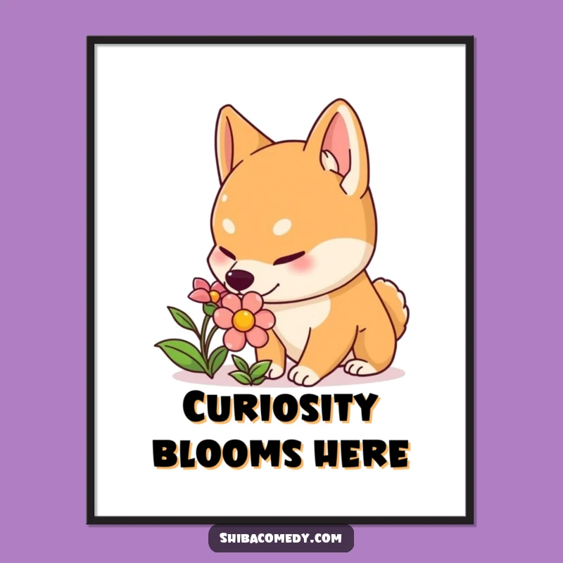 Funny Shiba Inu Flower Poster: Curious Art for a Tranquil Laugh!