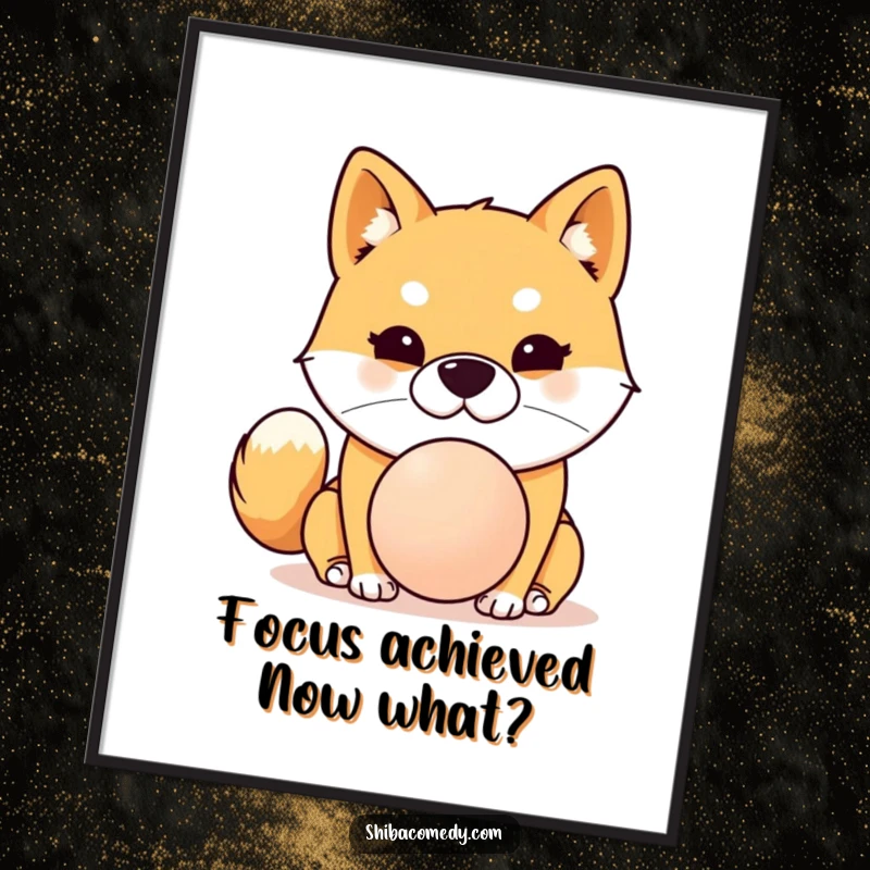 Funny Shiba Inu poster displaying a dog with a determined expression balancing a ball on its nose, perfect humorous wall art.