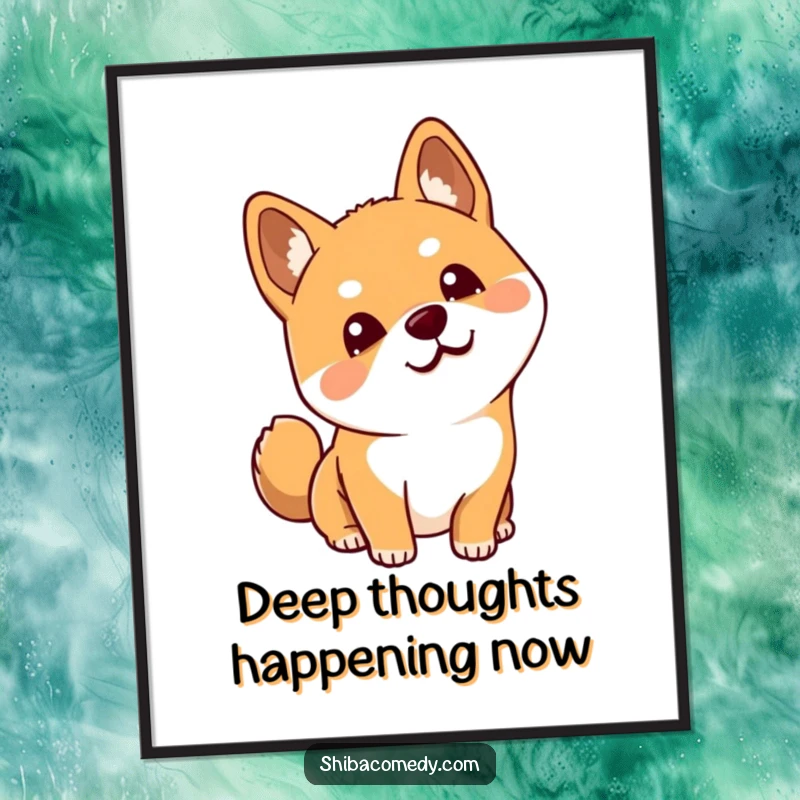 Funny Shiba Inu poster art showing a dog tilting its head with perked ears, capturing a moment of delightful curiosity and humor.