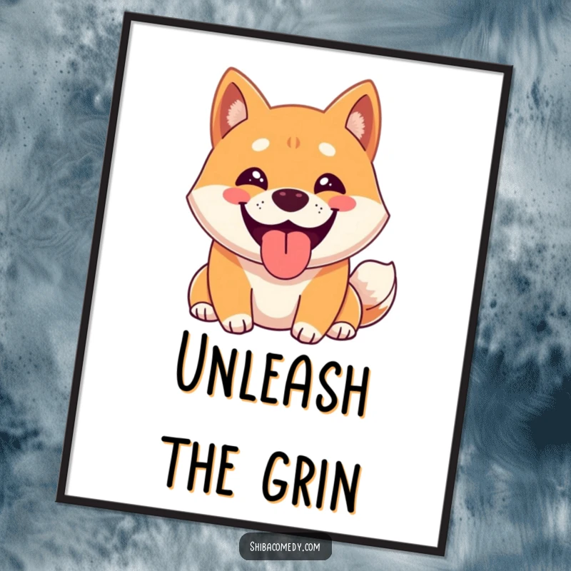 Funny Shiba Inu Poster depicting a happy Shiba Inu character with a wide grin, panting playfully, radiating pure joy and contentment.