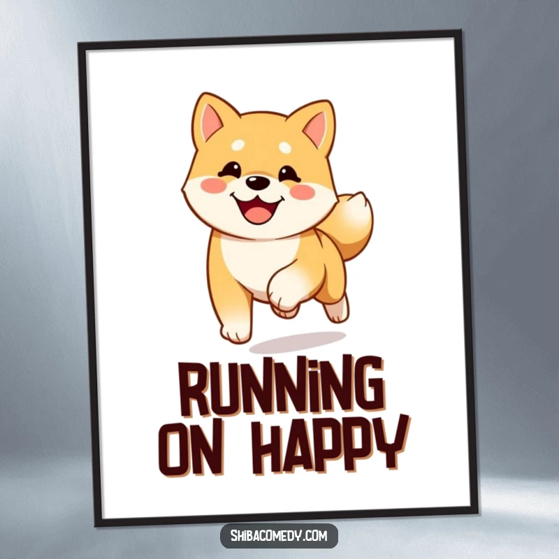 Funny happy Shiba Inu poster depicting a dog running towards the viewer with its tail wagging, full of energy.