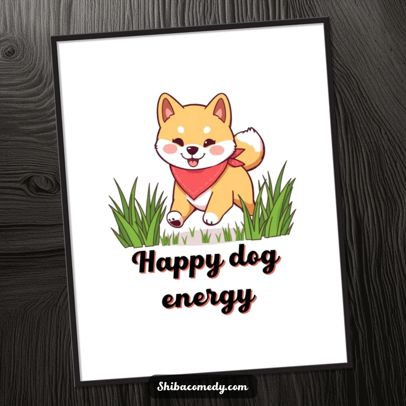Funny Shiba Inu poster of a happy dog wearing a bandana, energetically bounding through lush green grass, capturing pure freedom.