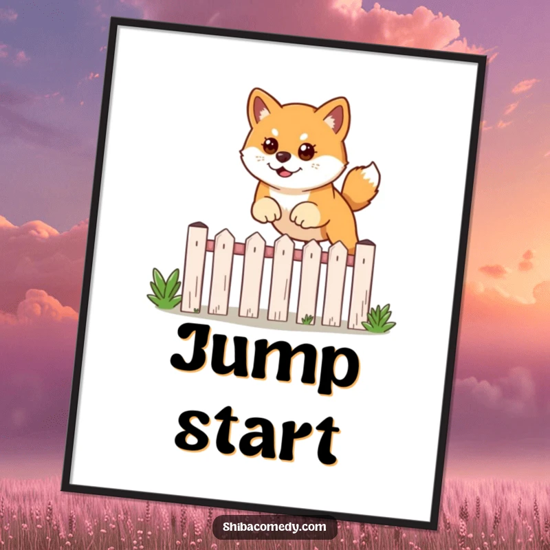 Funny poster of a Shiba Inu dog with a determined gaze, captured mid-leap over a garden fence.