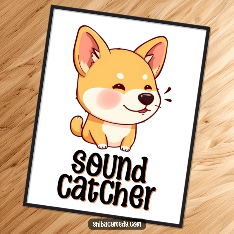 Funny poster of a Shiba Inu dog with large, perked ears, depicted in a state of intense listening.