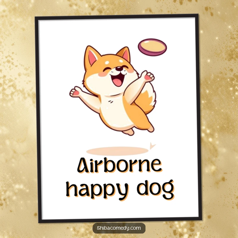 Funny Shiba Inu dog character caught mid-air leaping for a frisbee, presented as a poster for dynamic decor.